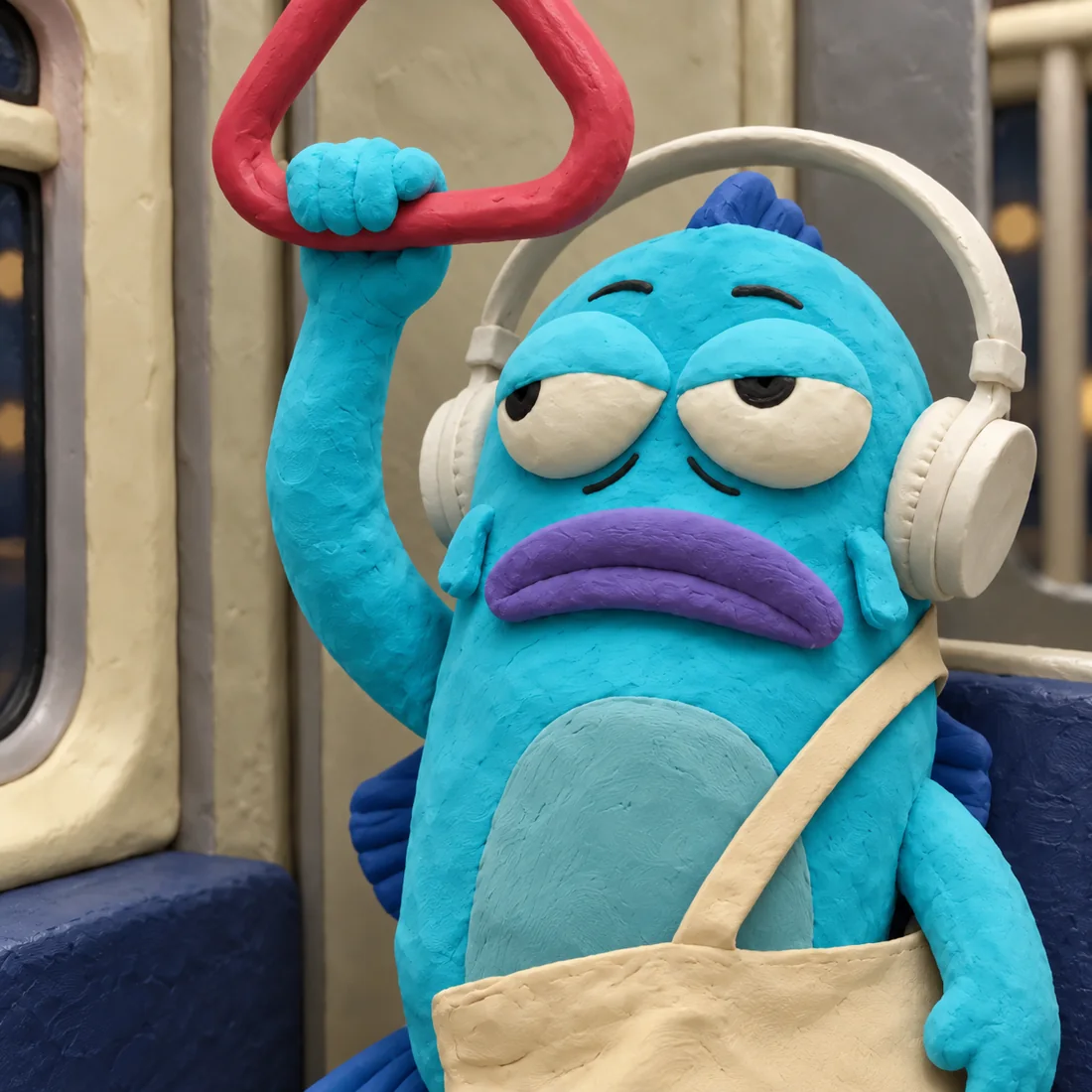 Blue plasticine Frank Worker, exhausted on a subway, holding a red strap