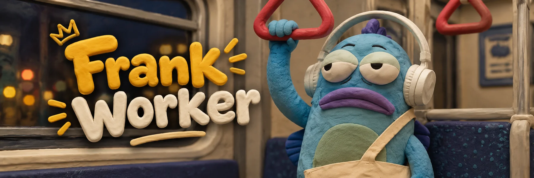 Handmade clay Frank Worker on a subway beside Frank Worker lettering
